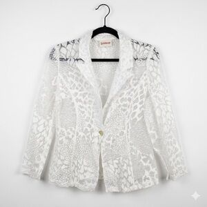 VTG Kaleidoscope Sheer White Burnout Animal Print Blazer Jacket Mesh‎ Sz L